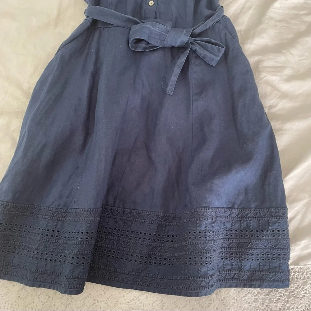 Tahari SZ 2 100% Linen Shirt Dress Navy blue fit flair - Picture 6 of 8